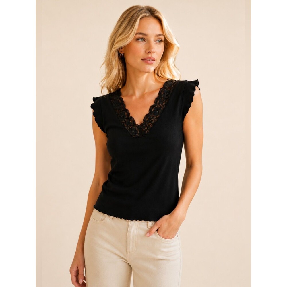 Storm Black Lace Trim Flutter Sleeve Top Size S